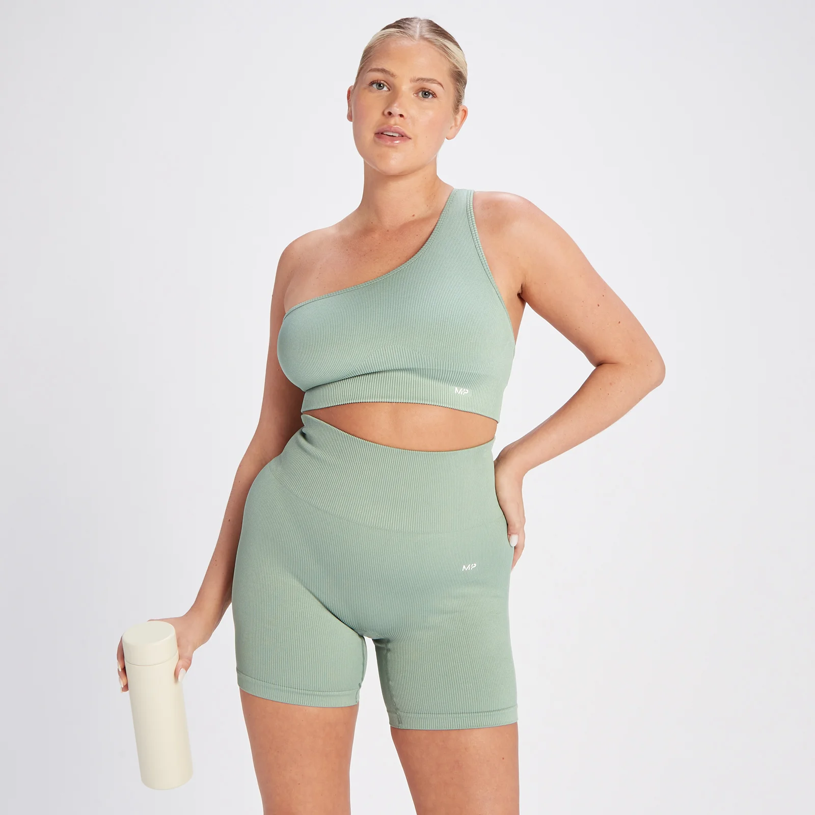 MP Women's Tempo Rib Seamless Asymetric Bra - Sage Green - S Image 1