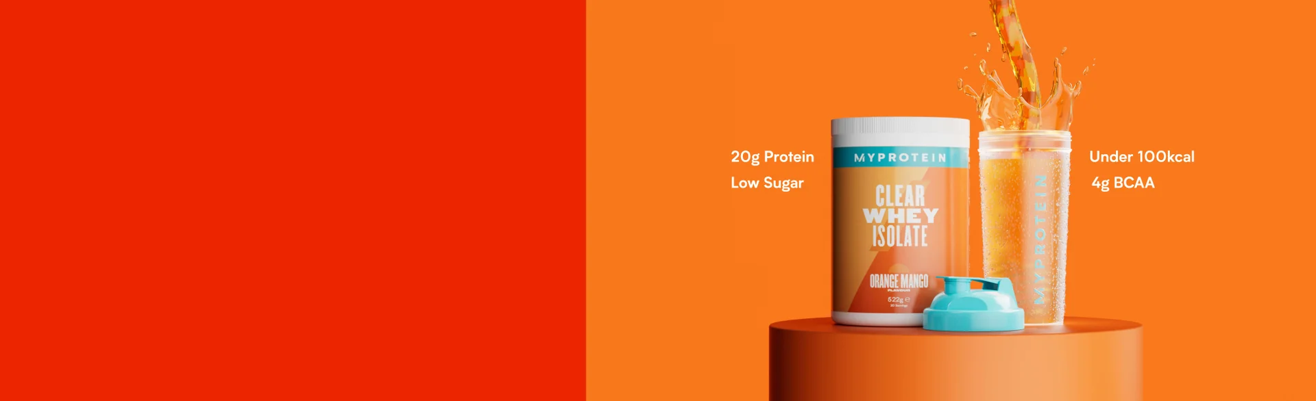 A selection of clear protein products from Myprotein, including clear whey isolate, clear vegan protein and clear collagen powder.